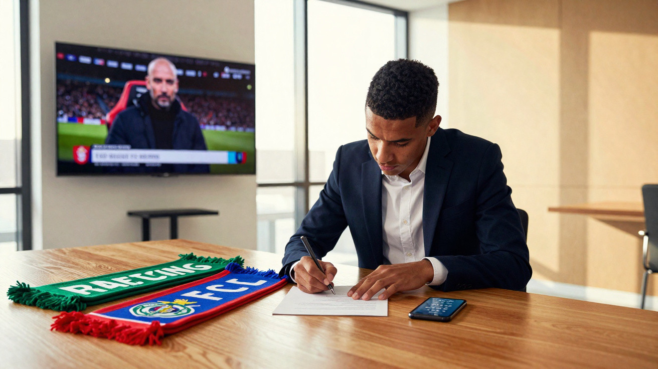 Junger Mann unterschreibt Vertrag an Tisch mit Fußballschals von Racing und FC Clermont, TV im Hintergrund.