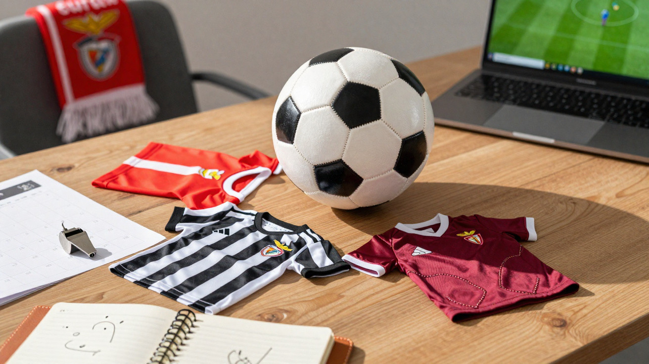 Fußball, Schiedsrichterpfeife, drei Minitrikots und ein Laptop mit Spielsimulation auf einem Holztisch.