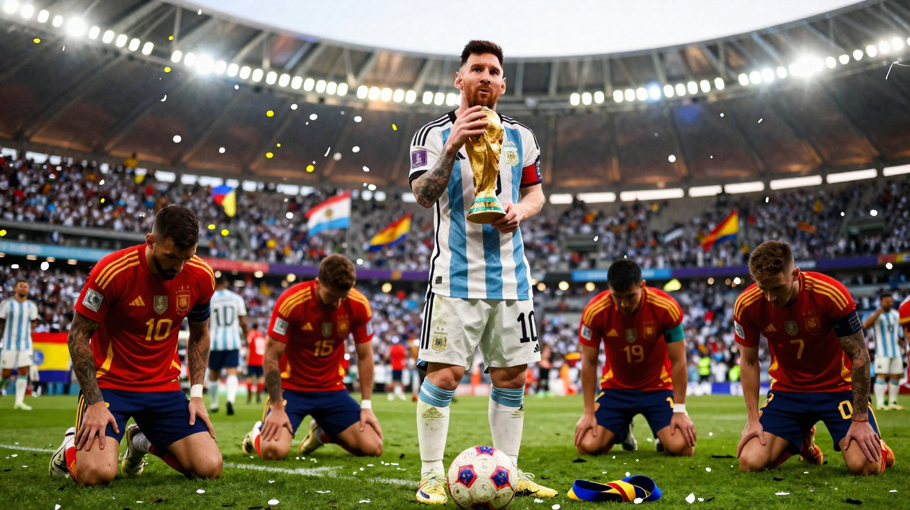Fußballspieler Messi hält Pokal, spanische Spieler knien im Stadion nach Spielende auf dem Spielfeld.