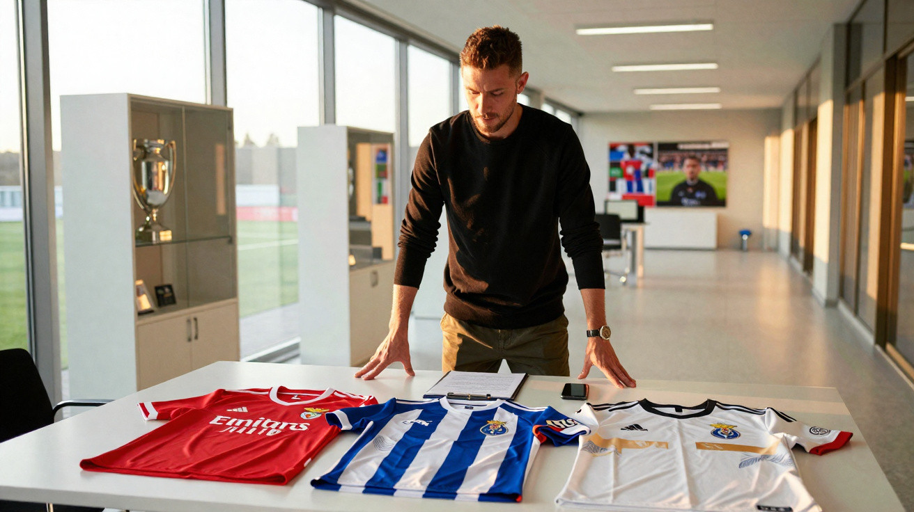 Ein Mann betrachtet drei verschiedene Fußballtrikots auf einem Tisch in einem modernen Raum mit großem Fenster.