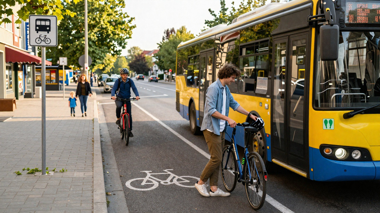 Junger Mann schiebt Fahrrad an gelbem Linienbus vorbei auf einem Radweg neben Straße mit Fußgängern.