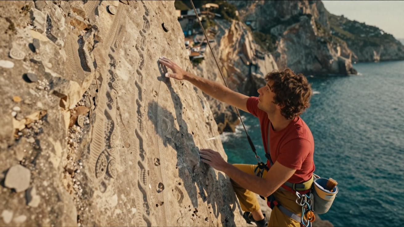 Mann klettert an steiler Felswand über dem Meer mit Sicherungsseil und Kletterausrüstung.