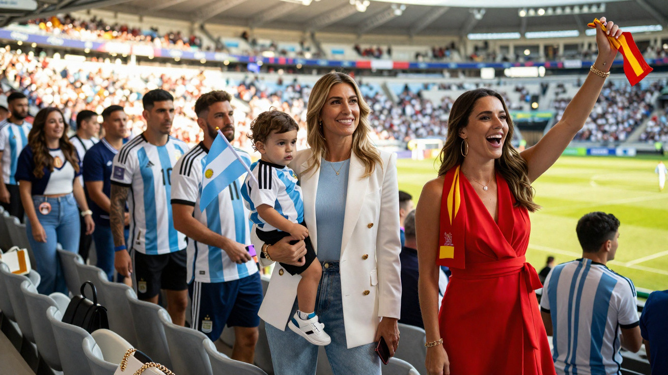 Fans in argentinischen Trikots und eine Frau in rotem Kleid mit spanischer Fahne in einem Fußballstadion