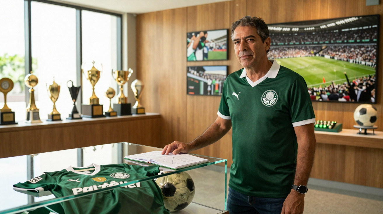 Mann in grünem Palmeiras-Trikot steht in Trophäenzimmer mit Fußballmemorabilien und Trikots.