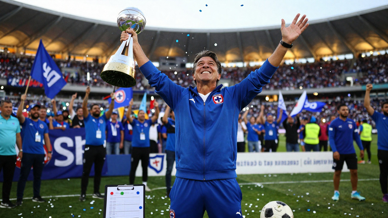 Mann in blauem Sportanzug hebt Pokal im Stadion, jubelnde Menschen und Fans im Hintergrund.