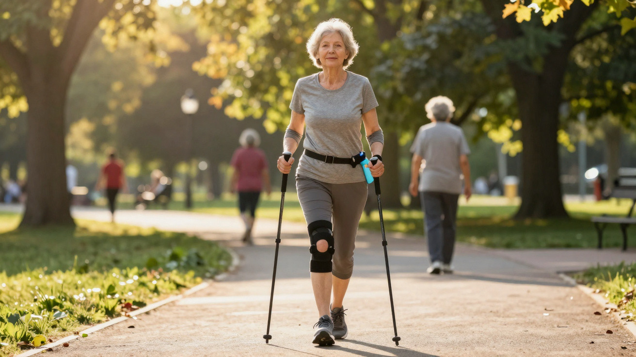 Ältere Frau beim Nordic Walking im Park an sonnigem Tag mit mehreren Spaziergängern im Hintergrund.