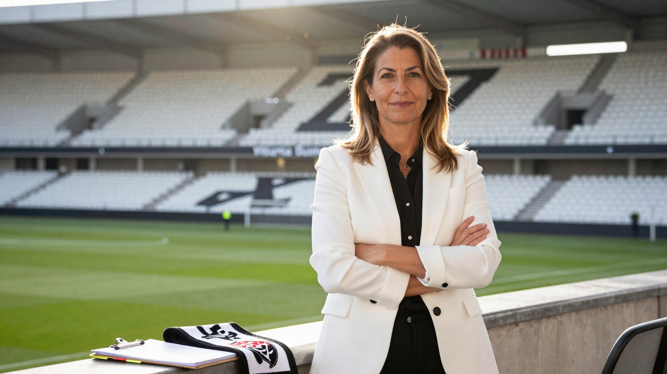 Frau im weißen Blazer steht mit verschränkten Armen im leeren Stadion vor dem Fußballrasen.
