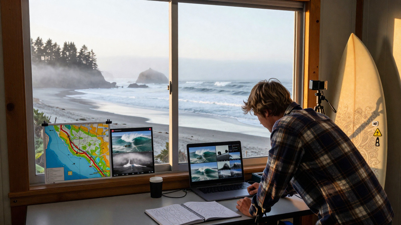 Mann beobachtet Wellen am Strand durch Fenster, surft auf Laptop und hat Surfbrett daneben stehen.