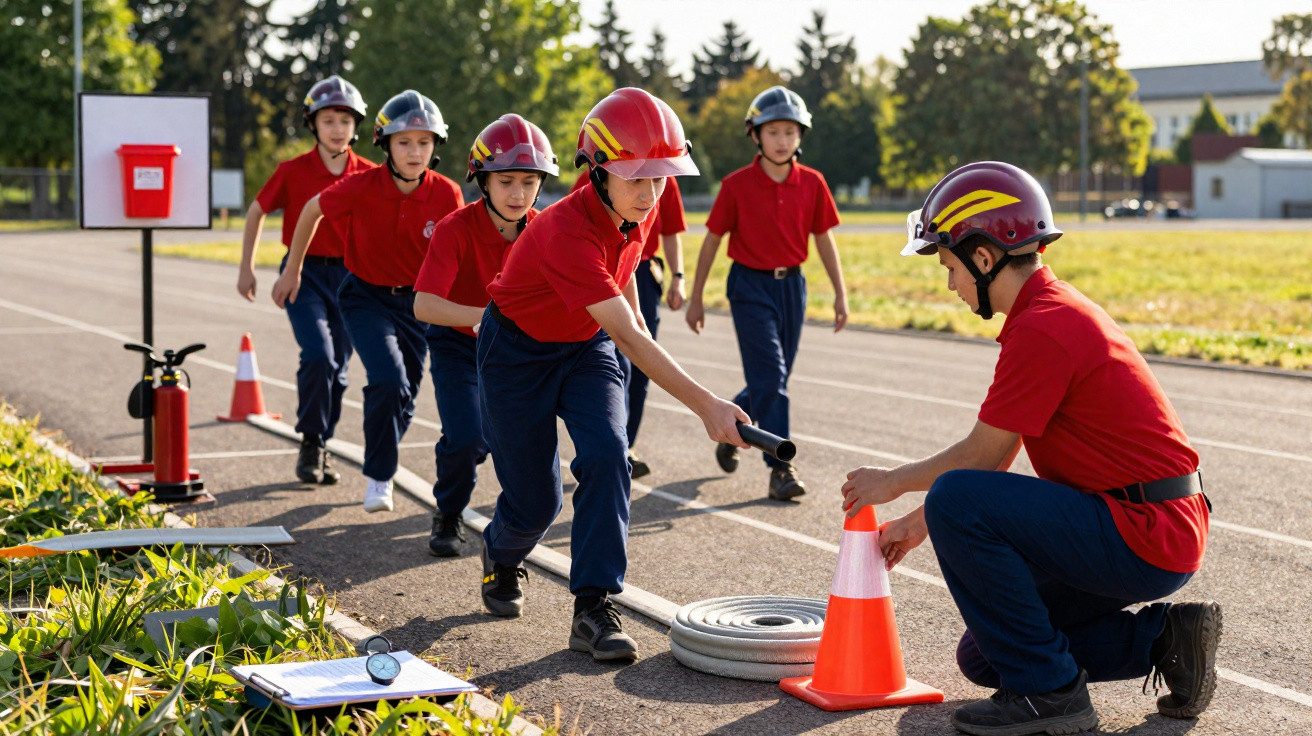 Junge Feuerwehrleute in Uniform und Helm üben auf einem Sportplatz mit Feuerwehrschlauch und Pylonen.