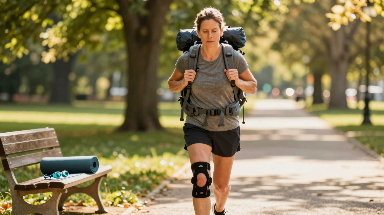 Frau mit Kniebandage und Wander-Rucksack joggt auf Parkweg an sonnigem Tag vorbei an Bank mit Yogamatte.