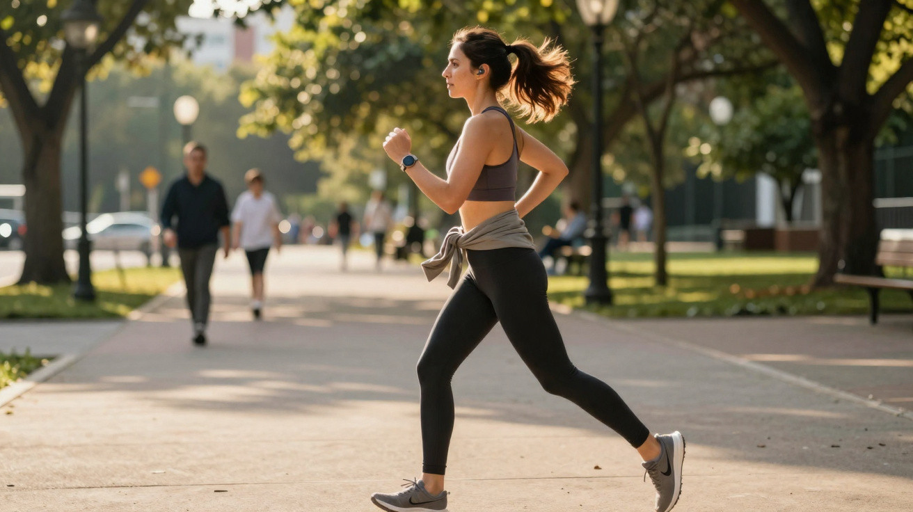 Junge Frau joggt im Park bei sonnigem Wetter, umgeben von Bäumen und anderen Spaziergängern.