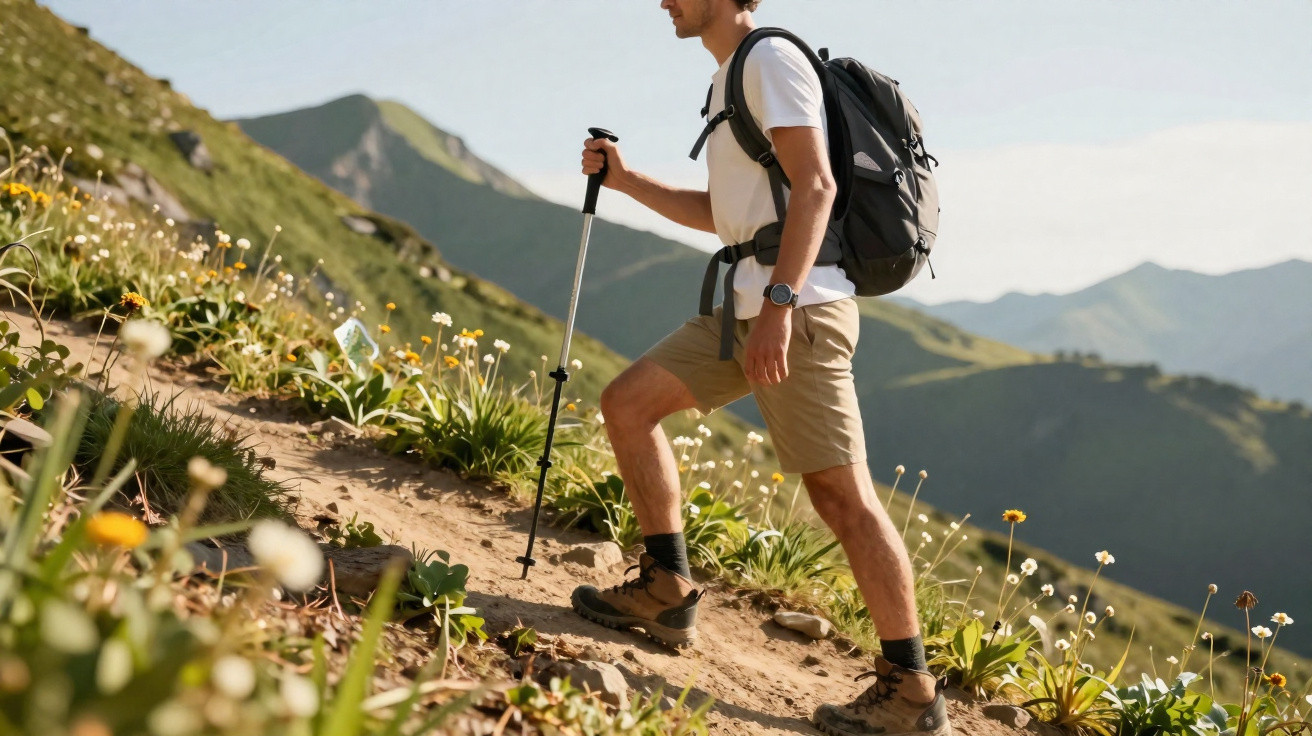 Mann mit Rucksack und Wanderstöcken wandert auf Bergweg umgeben von Blumen und grünen Hügeln bei Sonnenschein.