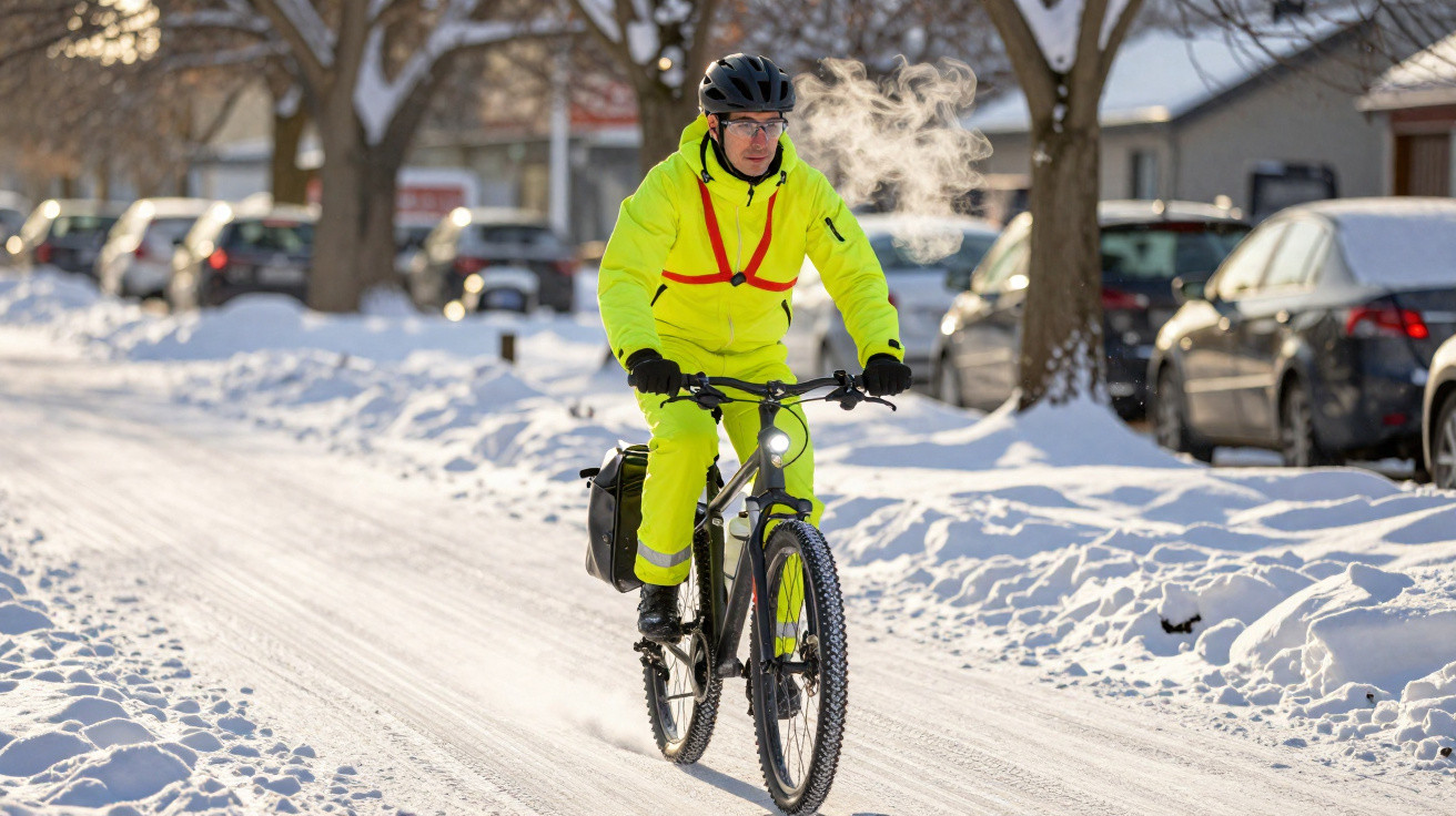 Mann in leuchtend gelber Schutzkleidung fährt Fahrrad auf verschneiter Straße an kaltem Wintertag.