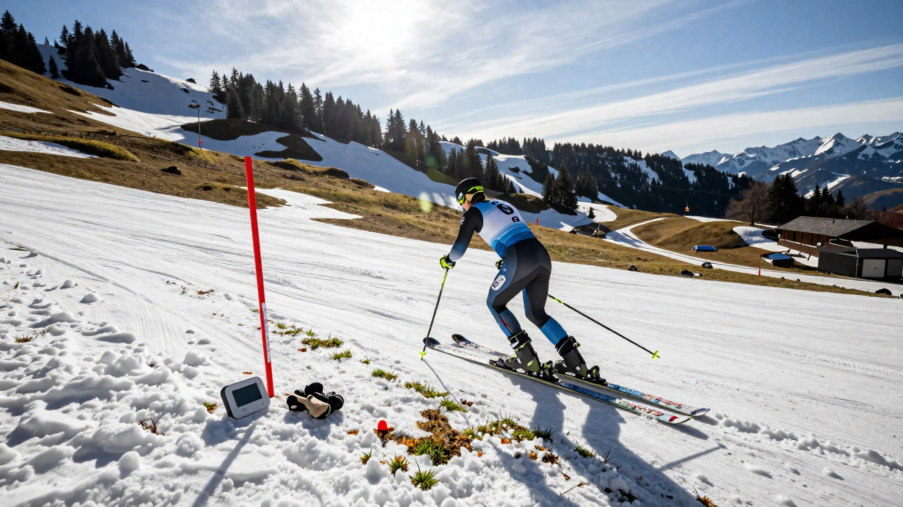 Skifahrer in enger Winterlandschaft mit Schneefeldern, grünen Wiesen und Bergen im Hintergrund bei Sonnenschein.