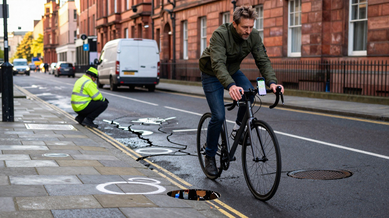 Mann fährt mit Fahrrad an einem Wasserrohrbruch mit Loch in der Straße entlang, Arbeiter kontrolliert Schäden.