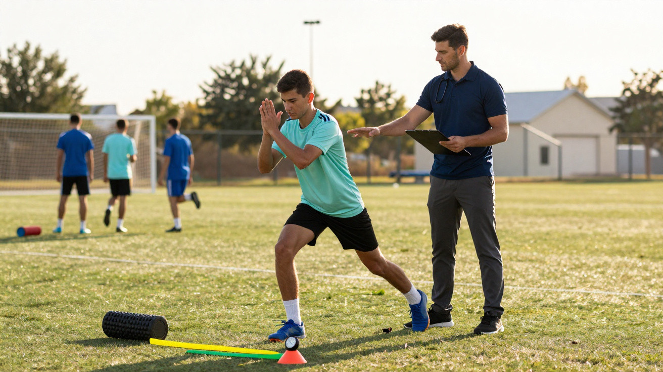 Mann trainiert auf Sportplatz unter Anleitung eines Trainers mit Stoppuhr und Klemmbrett.