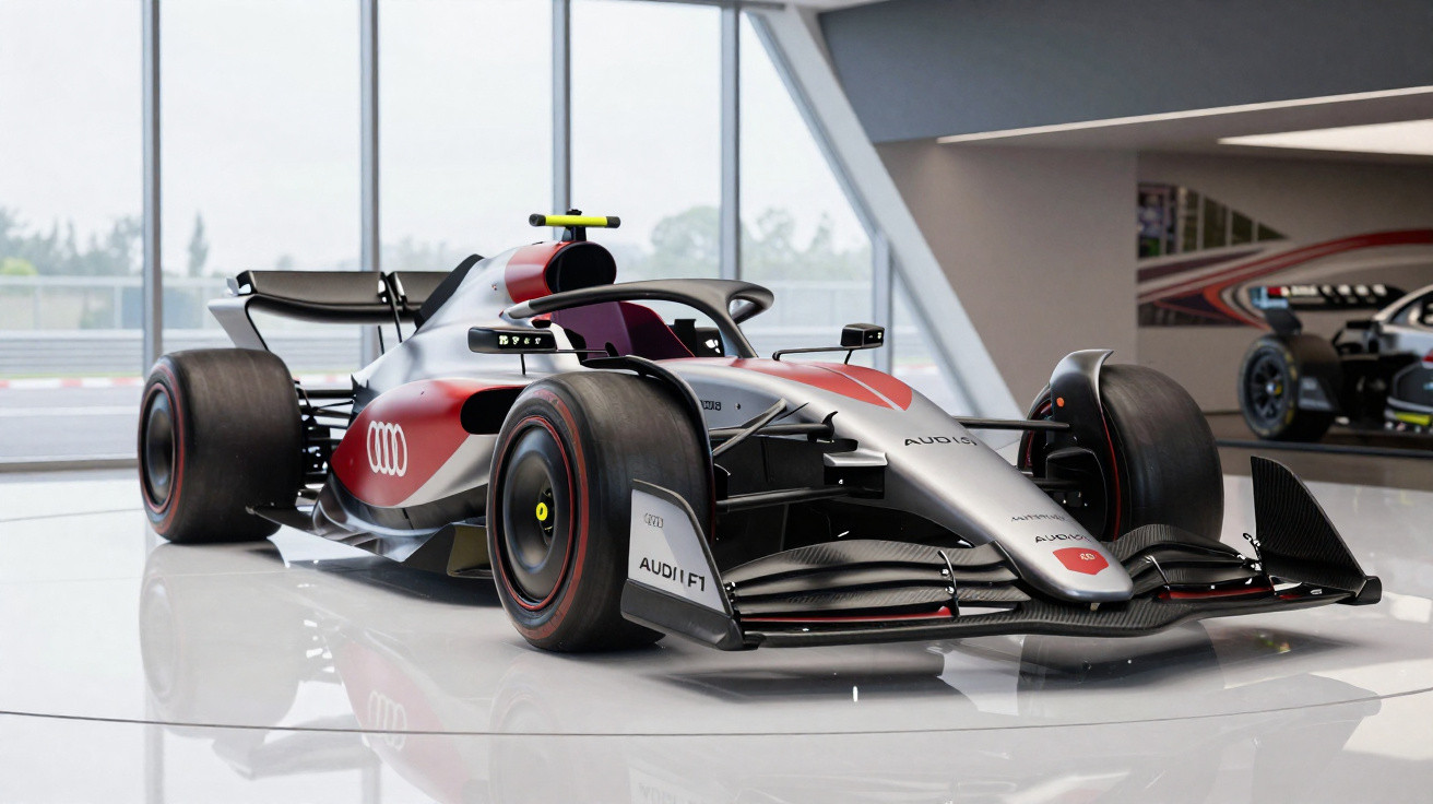 Audi Formel-1-Rennwagen in rot-silberner Lackierung, ausgestellt in modernem Showroom mit großen Fenstern.