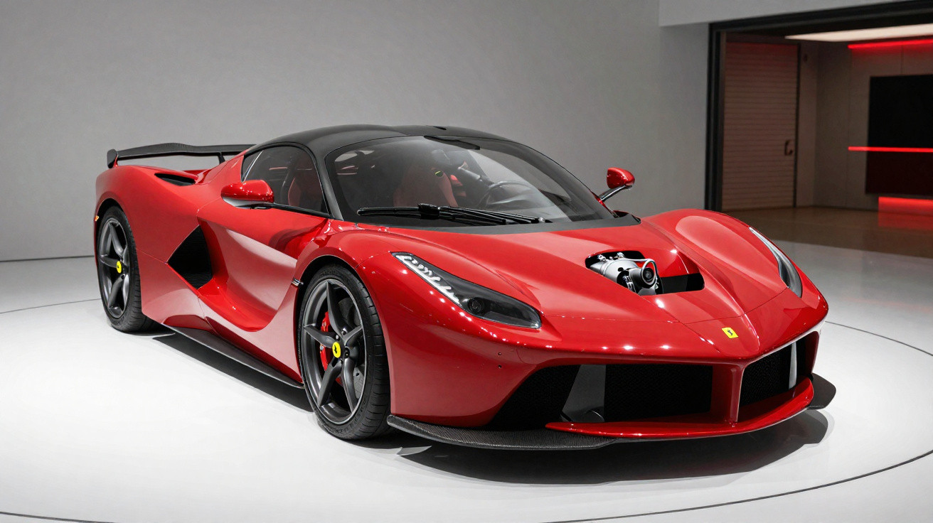 Roter Ferrari Supersportwagen in moderner Ausstellungshalle auf weißem Boden, frontal seitlich fotografiert.