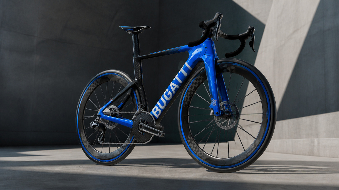 Blaues Bugatti Rennrad mit Carbon-Rahmen und Disc-Bremsen vor grauer Betonwand in hellem Licht.