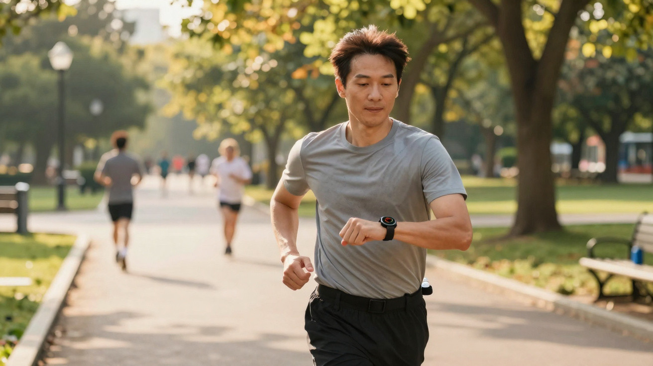 Mann joggt im Park und schaut auf seine Sportuhr, sonniger Tag, Bäume und weitere Jogger im Hintergrund.