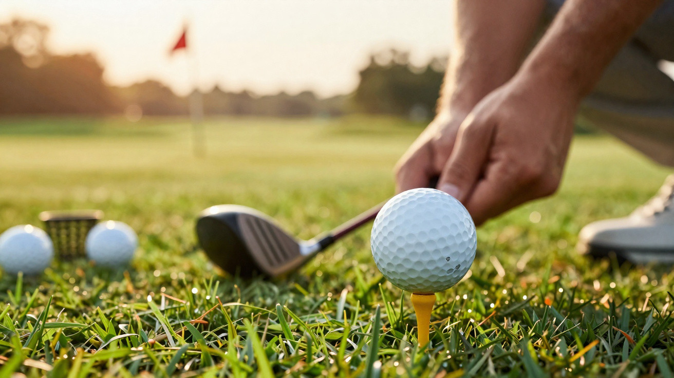 Golfball auf einem Abschlagtee mit Golfschläger und Spieler auf einem Golfplatz bei Sonnenuntergang