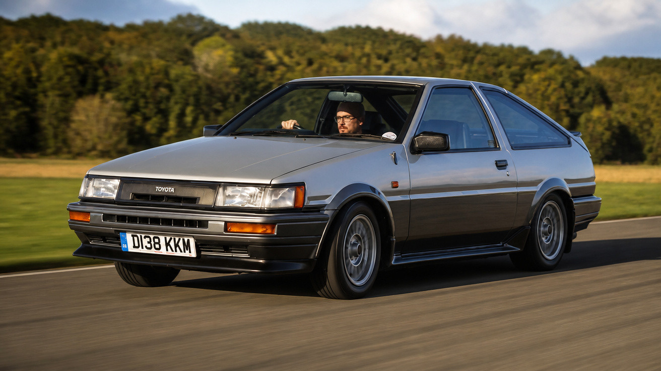 Silberner Toyota AE86 Coupé fährt auf Landstraße mit Fahrer bei sonnigem Wetter im Waldgebiet.
