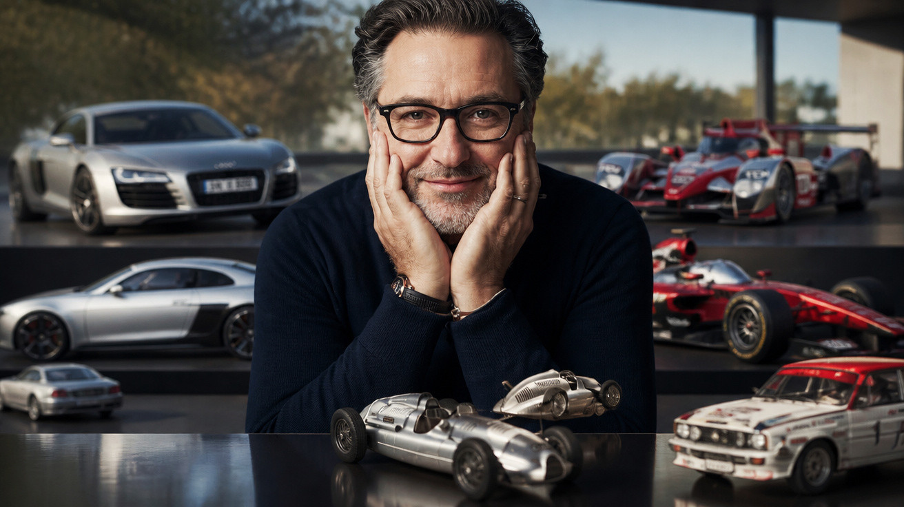 Mann mit Brille vor Vitrinen mit Modellautos und Rennwagen, lächelt mit Händen am Gesicht.