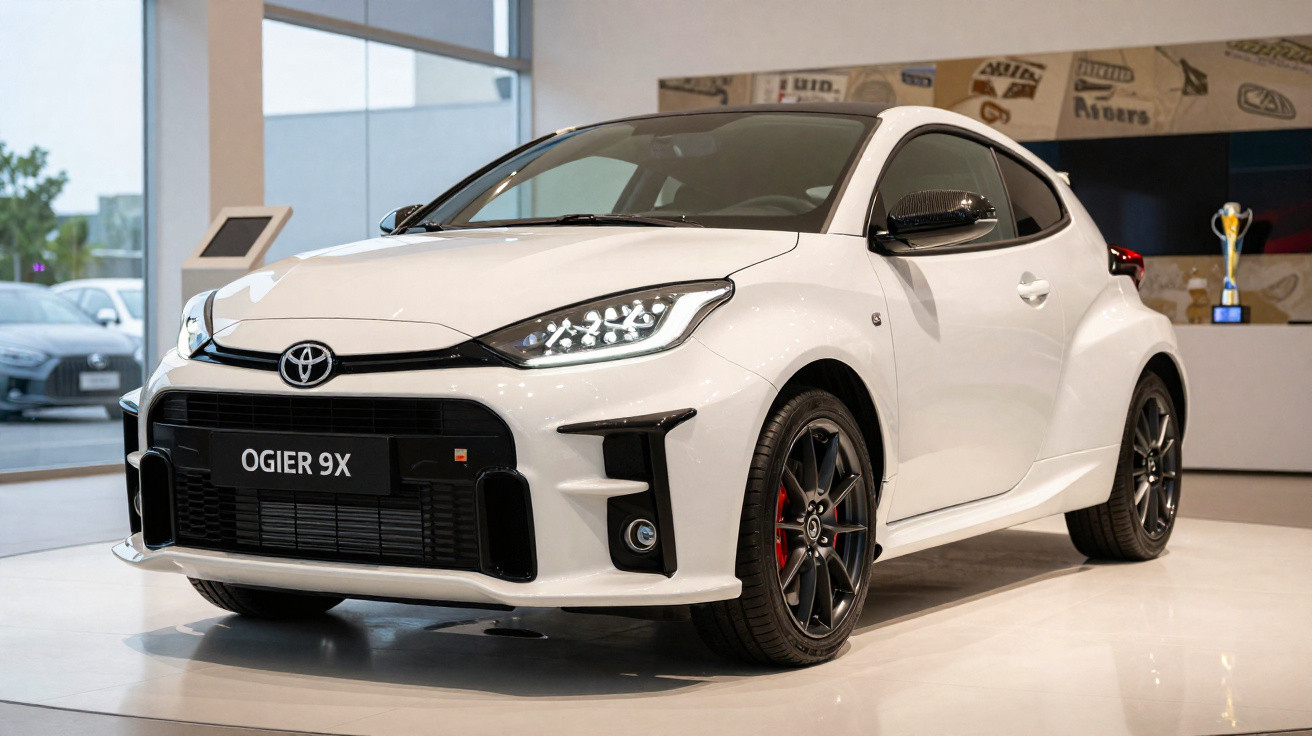 Weißer Toyota Ogier 9X Sportwagen in einem modernen Ausstellungsraum.