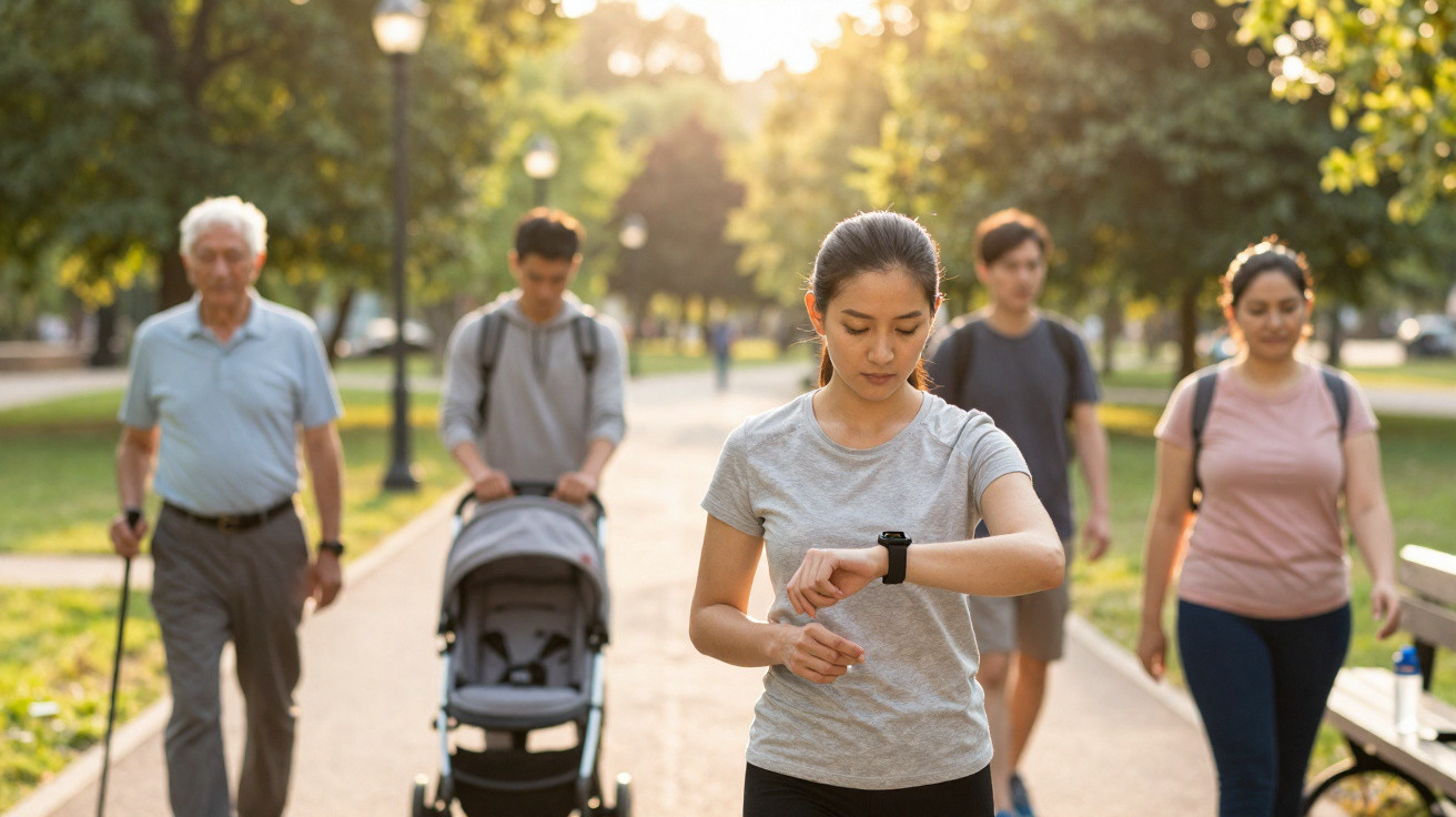 Junge Frau im Park schaut auf ihre Smartwatch, während andere Personen im Hintergrund spazieren gehen.