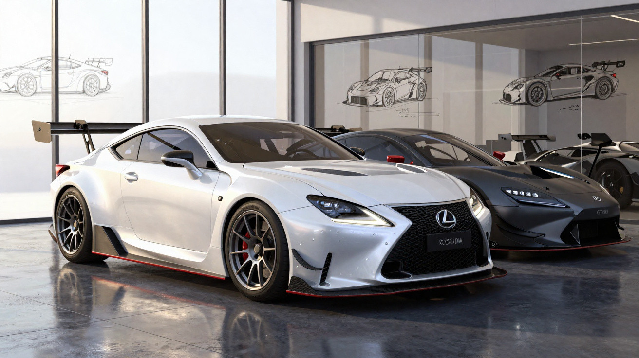 Sportliche weiße Lexus Coupés in modernem Ausstellungsraum mit Rennwagen-Skizzen an den Wänden.