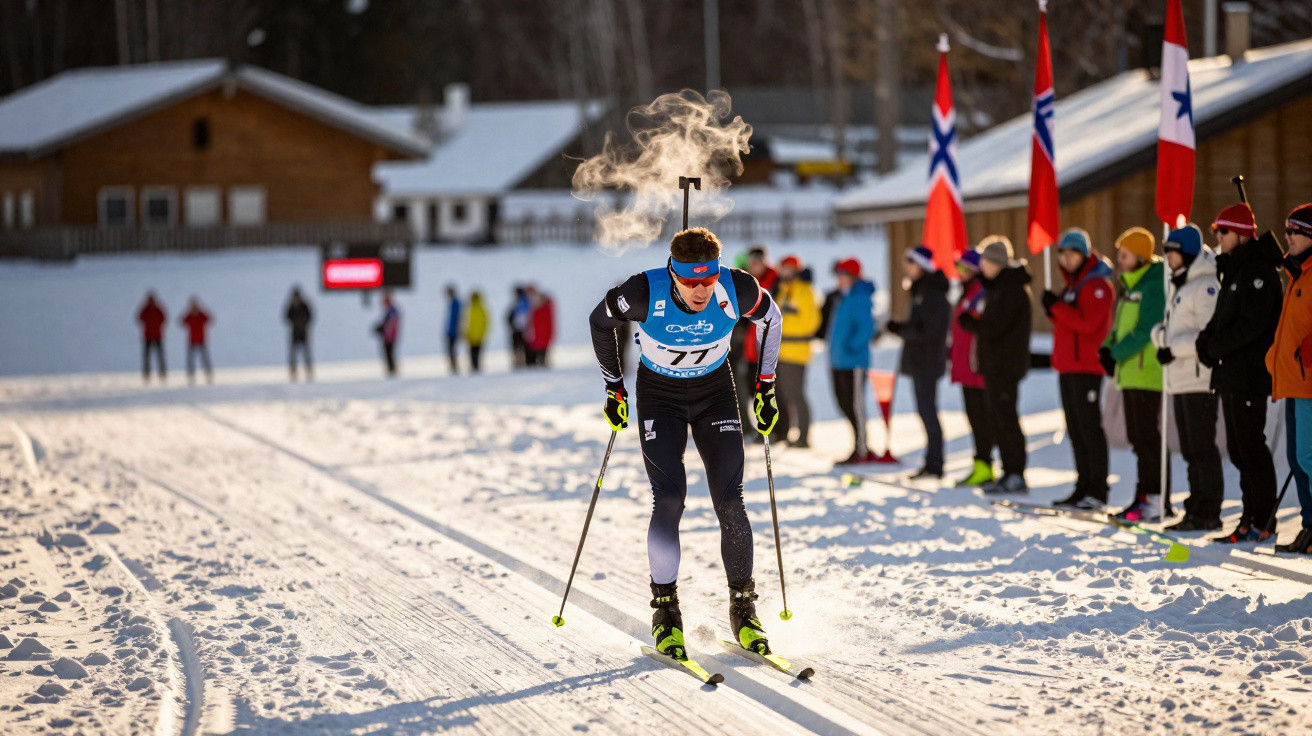 Skilangläufer bei Rennen auf verschneiter Loipe, Zuschauer und norwegische Flaggen am Rand sichtbar