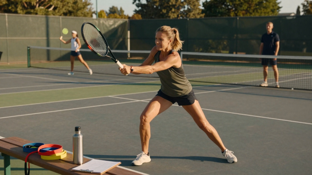 Frau in Sportbekleidung spielt Tennis, bereit zum Rückschlag auf Außenplatz mit weiteren Spielern im Hintergrund.