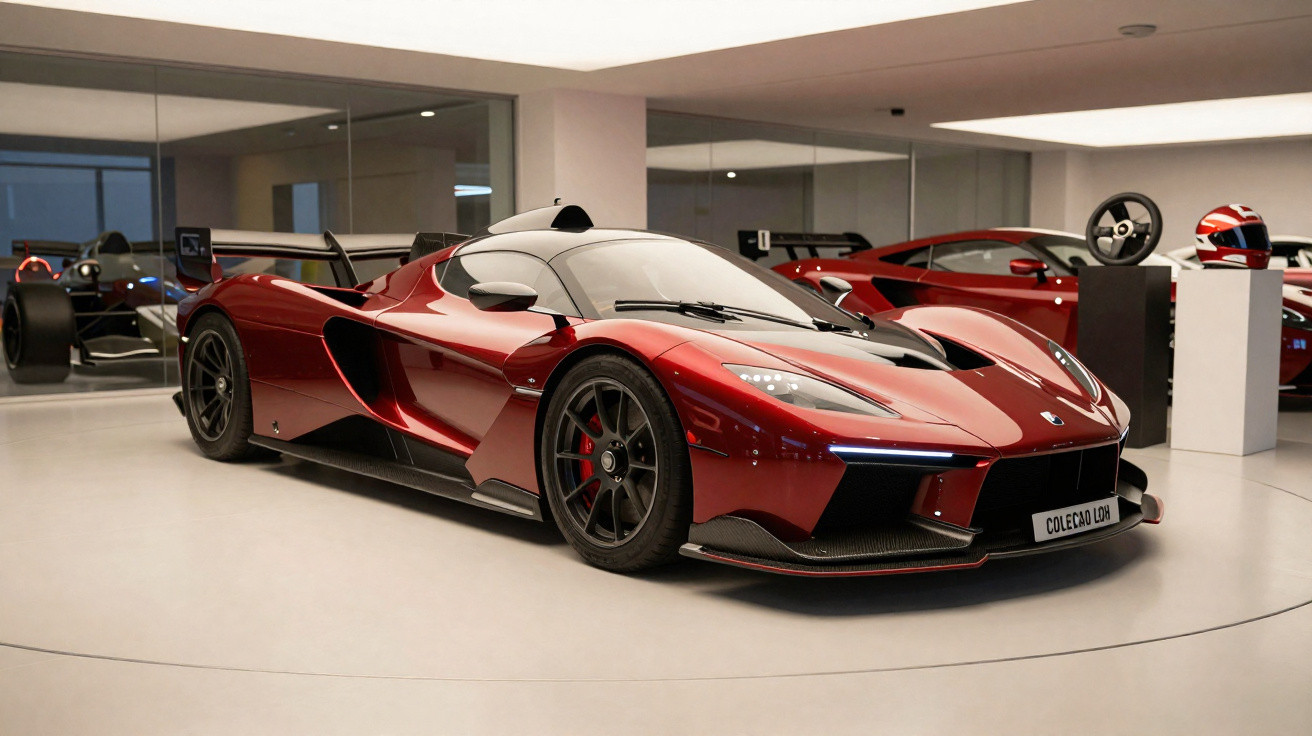 Roter Rennwagen mit aerodynamischem Design in moderner Ausstellungshalle auf weißem Boden.