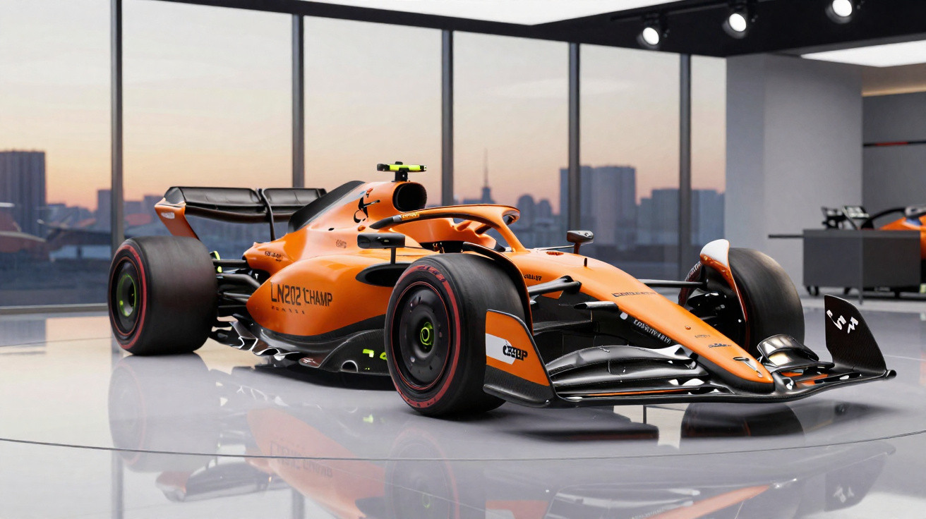 Oranger Formel-1-Rennwagen mit schwarzem Detaildesign in modernem Ausstellungsraum vor Großstadtfenster.
