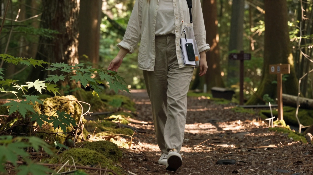 Frau wandert auf Waldweg, trägt helle Kleidung und berührt Blätter neben dem Pfad.