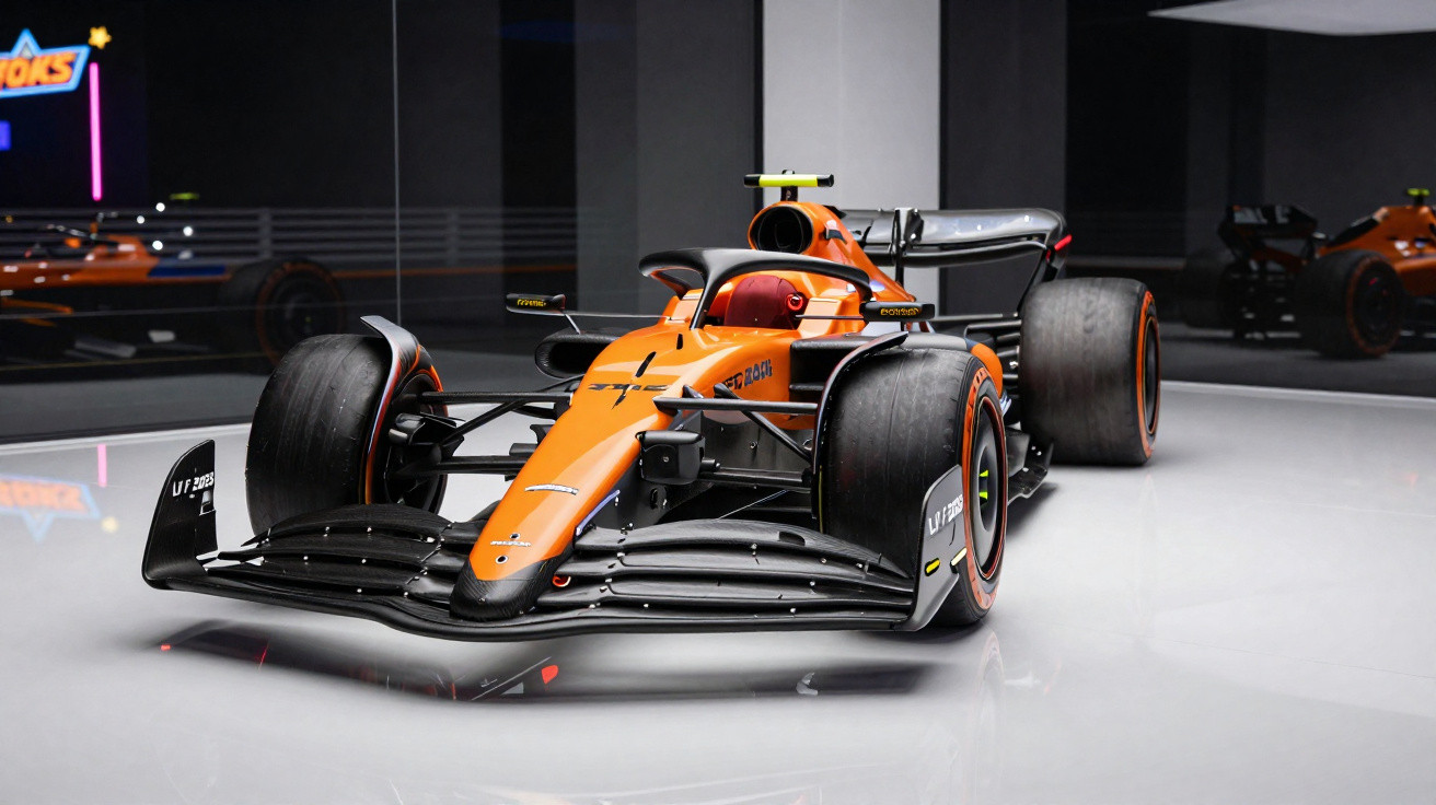 Oranger McLaren Formel-1-Rennwagen in einem hellen Ausstellungsraum mit Spiegelungen.