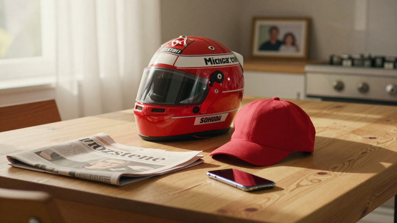 Roter Motorradhelm, rote Baseballkappe, Smartphone und Zeitung liegen auf einem Holztisch in hellem Raum.