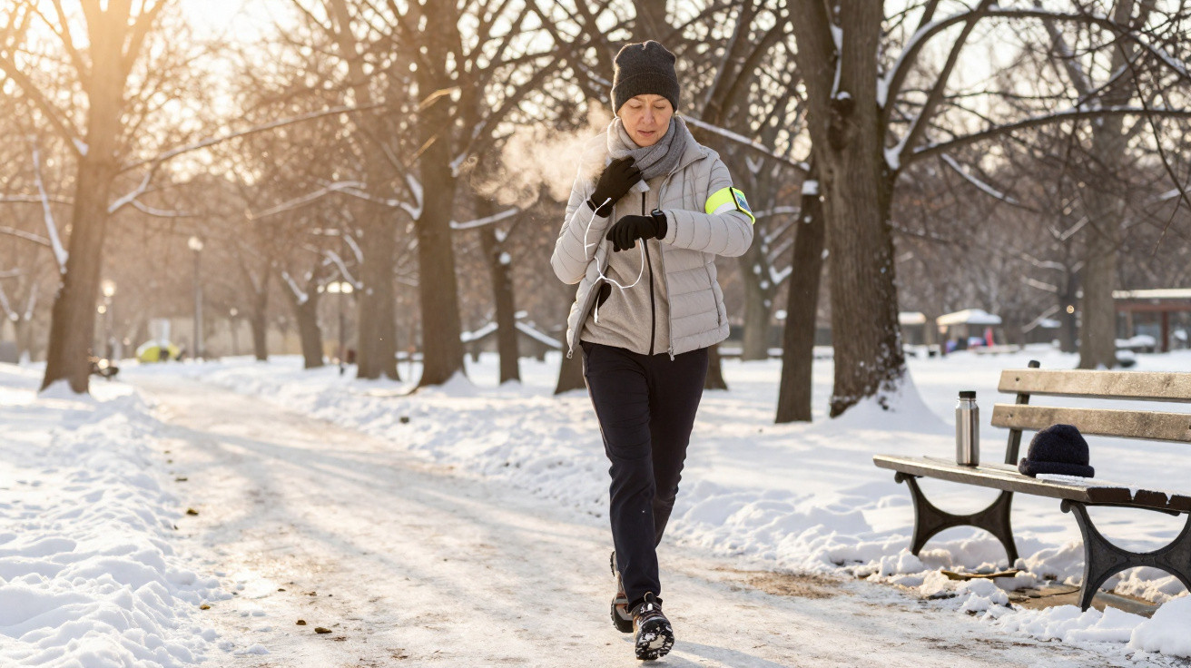 Frau joggt im Winterpark bei Sonnenuntergang, trägt Winterkleidung und schaut auf ihre Sportuhr.