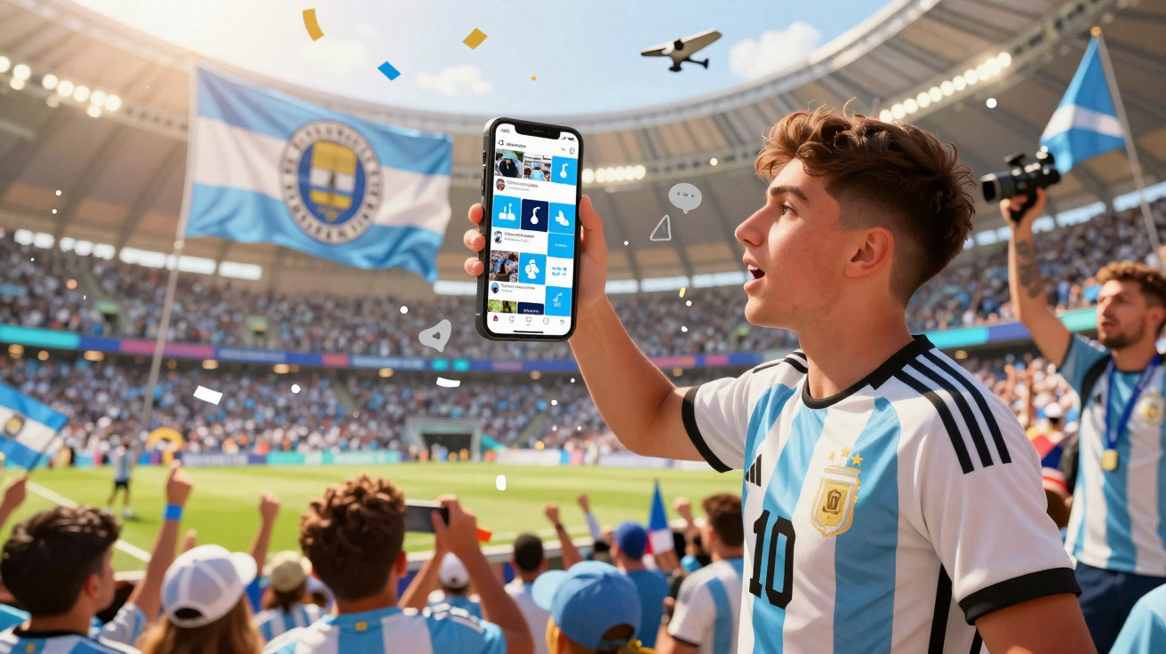 Junger Fußballfan im Stadion zeigt Smartphone mit App, jubelt im Trikot Argentiniens, Fans und Flaggen im Hintergrund.
