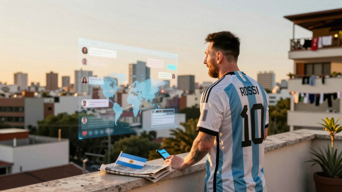 Mann mit Argentinien-Trikot blickt auf eine digitale Weltkarte über einer Stadtlandschaft auf einem Balkon.