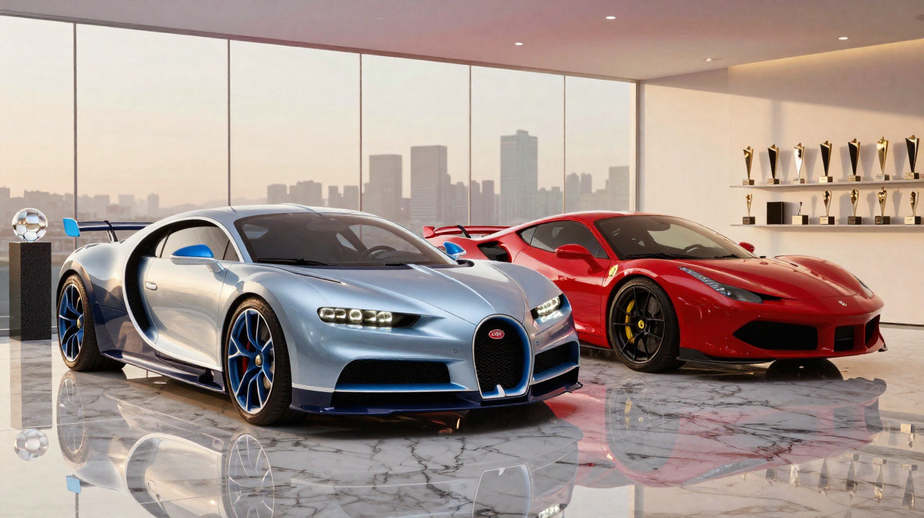Zwei Luxus-Sportwagen, silber-blauer Bugatti und roter Ferrari, stehen in modernem Showroom mit Stadtsilhouette.