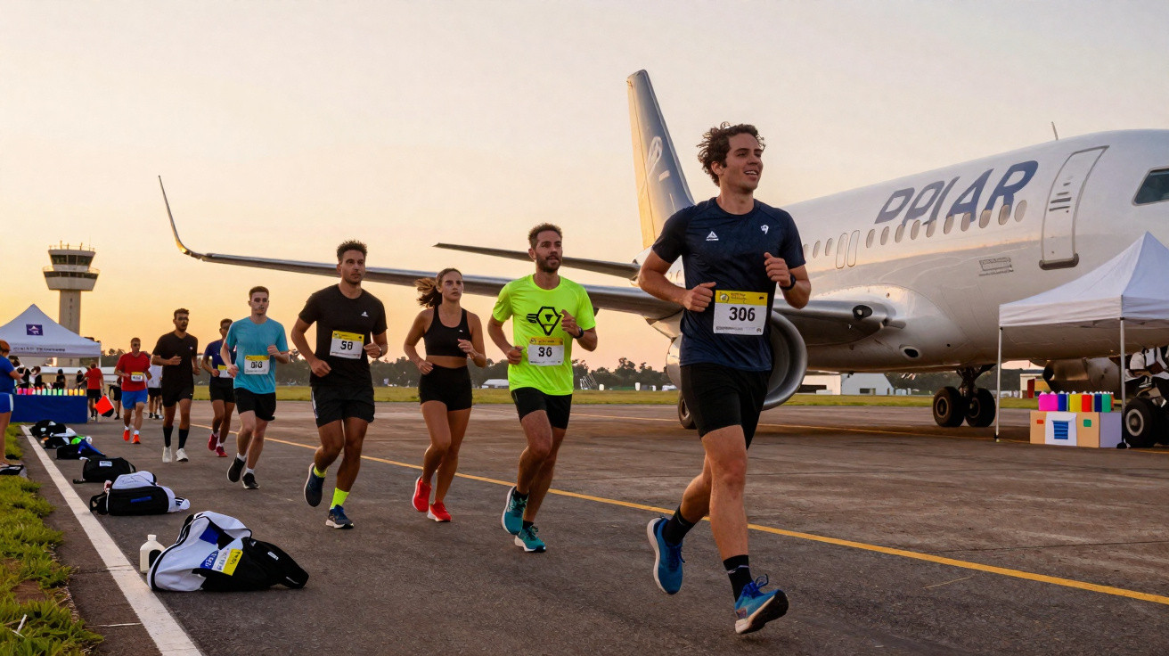 Läufer in Sportkleidung beim Rennen auf einer Rollbahn neben einem geparkten Flugzeug im Sonnenuntergang.
