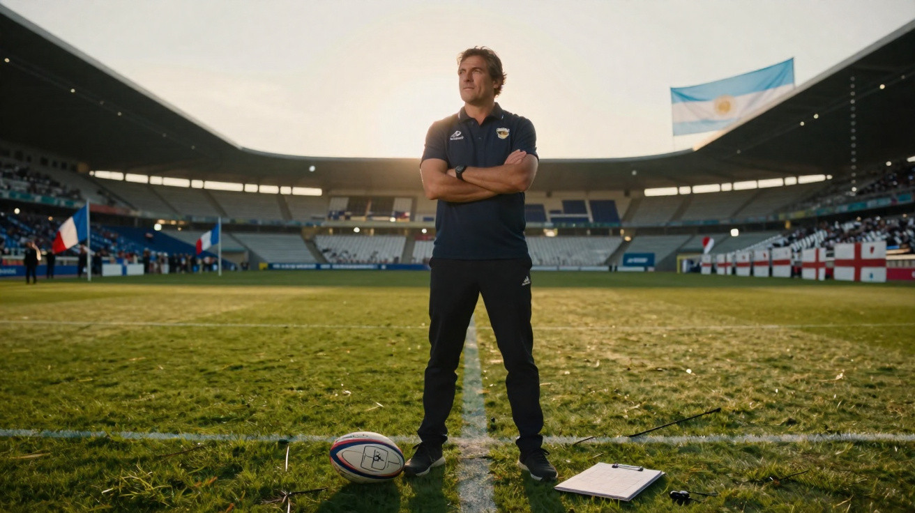 Trainer steht mit verschränkten Armen auf Rugbyfeld, im Hintergrund die argentinische Flagge und Stadionränge.