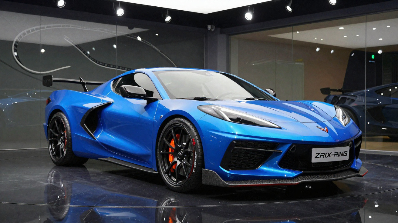 Blauer Sportwagen Chevrolet Corvette C8 mit schwarzem Spoiler in modernem Showroom mit reflektierendem Boden.