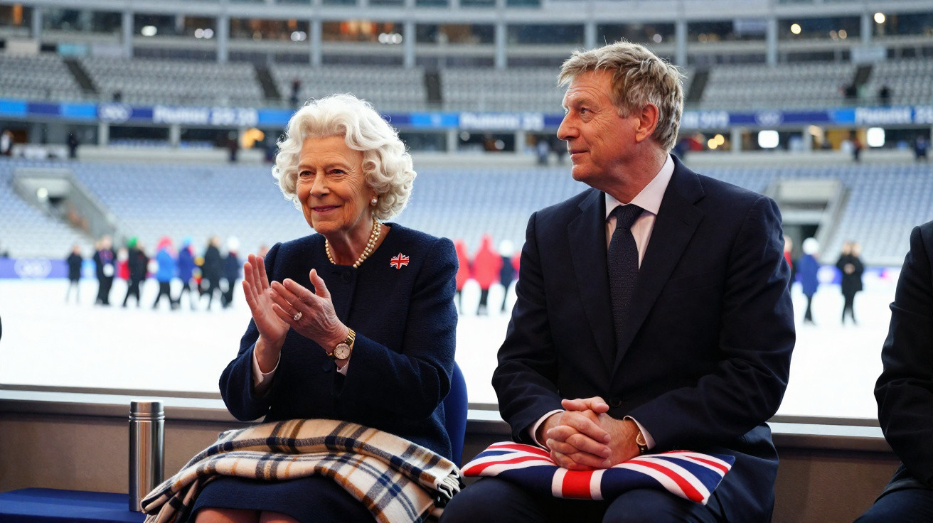 Ältere Dame und Mann in formeller Kleidung sitzen nebeneinander in einem Stadion, Menschen im Hintergrund.