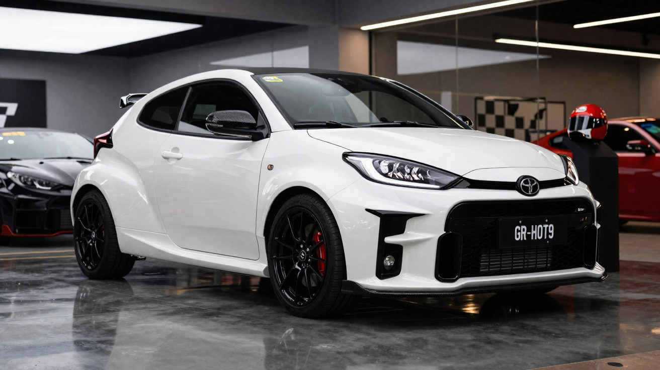 Weißer Toyota GR Yaris mit schwarzem Dach und Felgen in moderner Garage stehend.