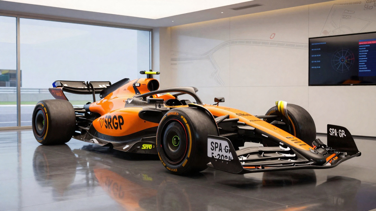 Oranger Formel-1-Rennwagen mit Sponsorenschriftzug in modernem Showroom vor Glasfenstern.
