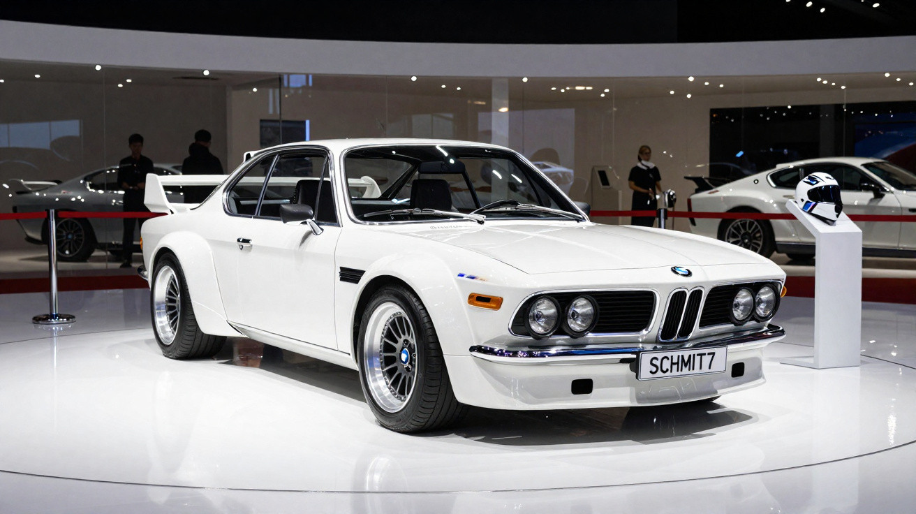 Weißer klassischer BMW 3.0 CSL mit breiten Kotflügeln und Heckspoiler auf Autoausstellung.