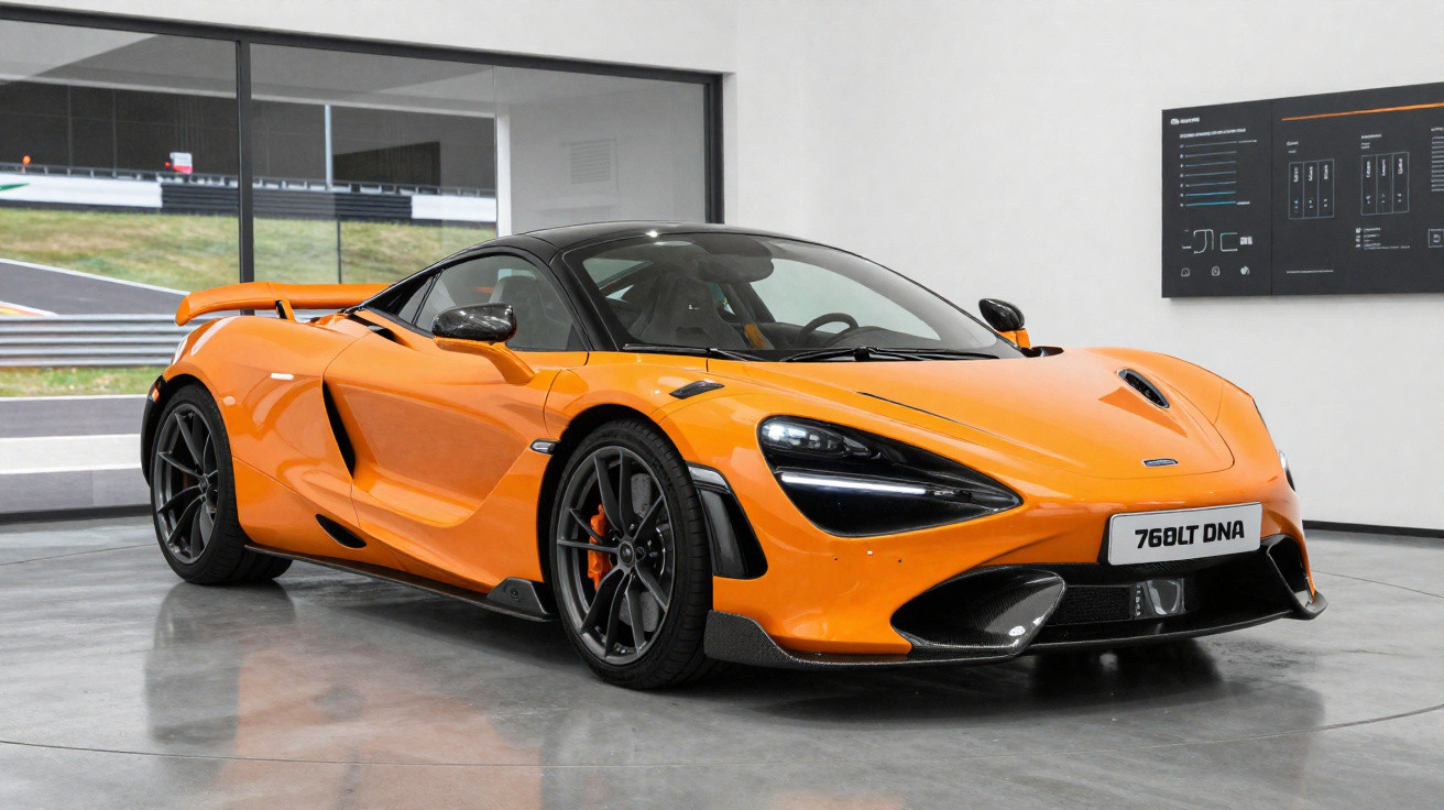 Oranger McLaren 765LT Supersportwagen in einer modernen Ausstellungshalle, Ansicht von vorne rechts