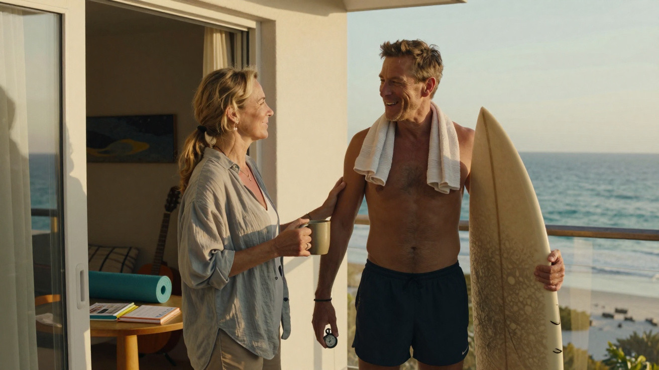 Mann mit Surfbrett und Frau mit Tasse stehen lächelnd auf Balkon mit Meerblick am Morgen.